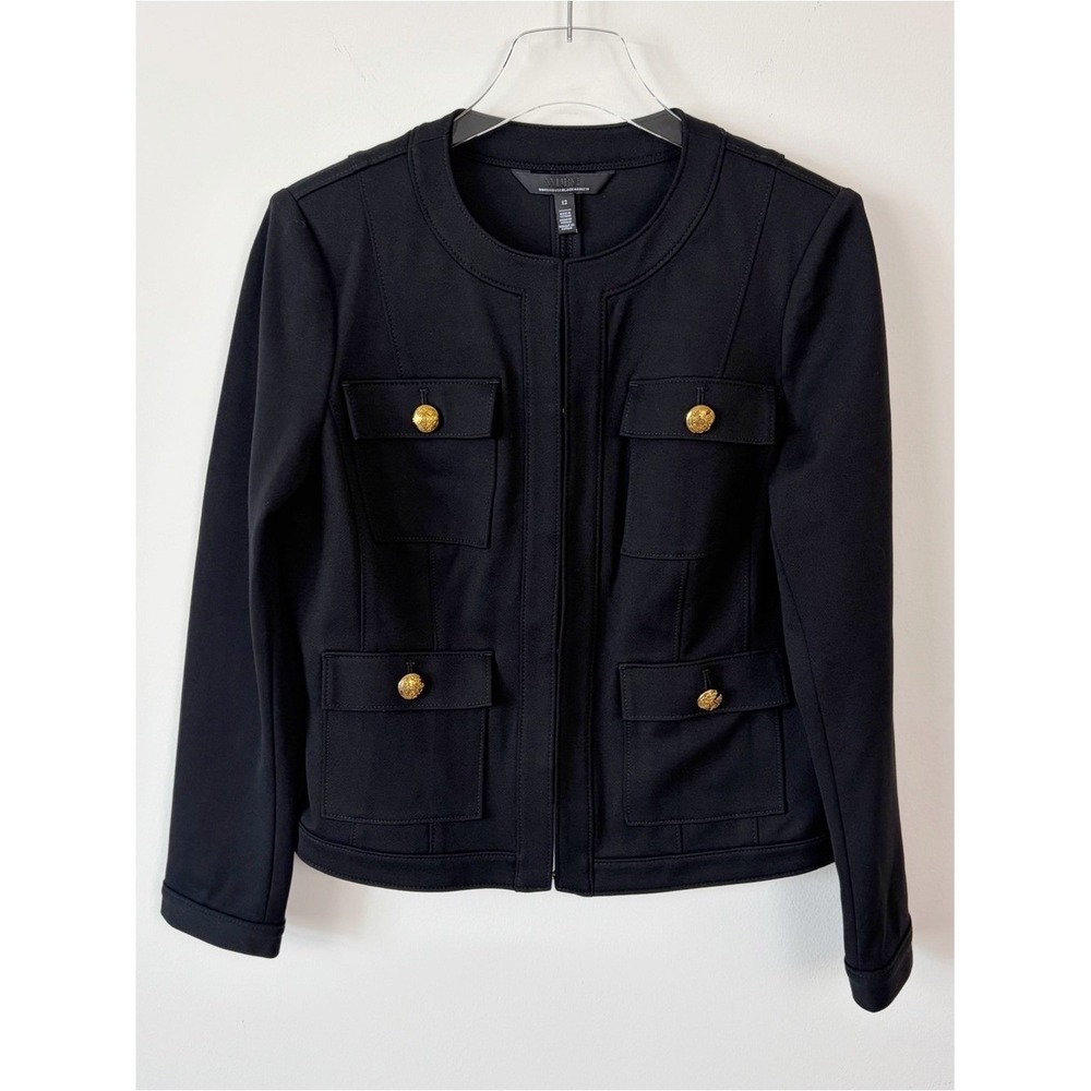 WHBM Stylist Jacket Black Size 12 Gold Buttons Military Band Collar Stretch New